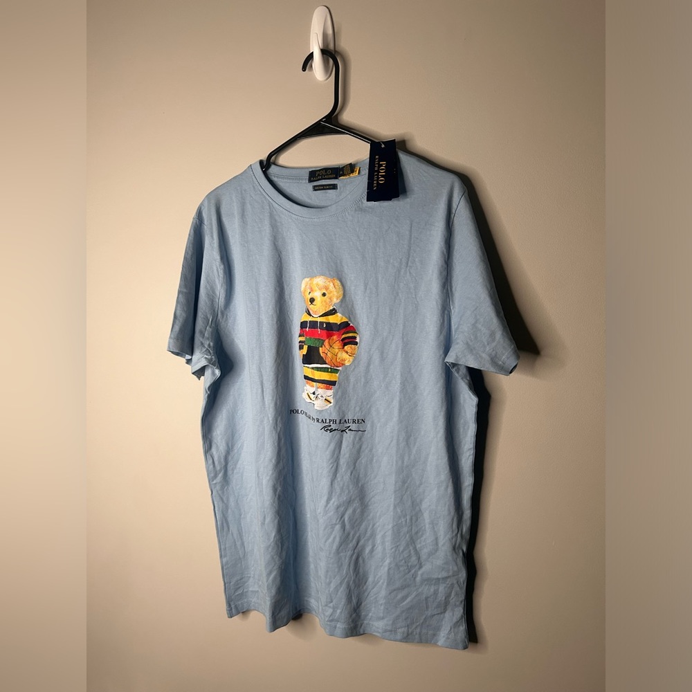 Vintage Light Blue Polo Ralph Lauren T Shirt Basketball Polo Bear 90s XL